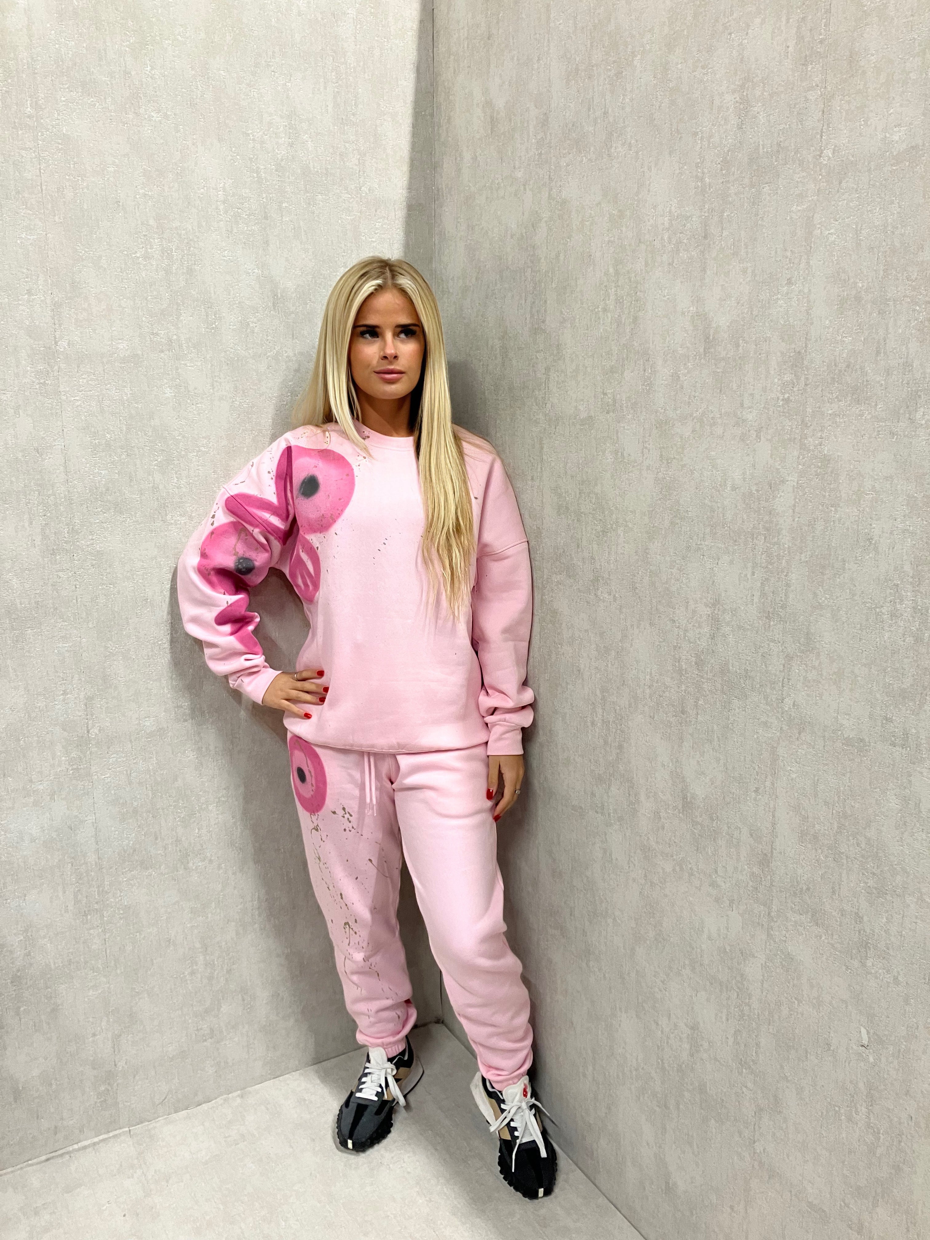 Evil Eye, Peace, Heart Sprayed Pink Sweatshirt Tracksuit