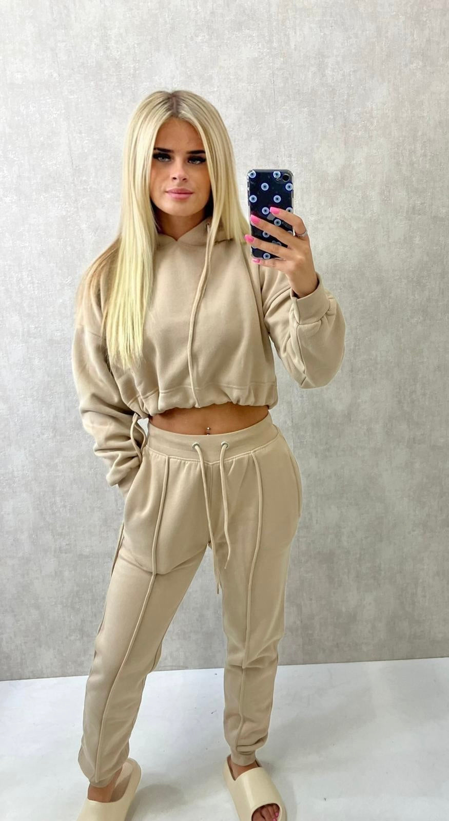 Cropped Hooded Drawstring Tracksuit Beige