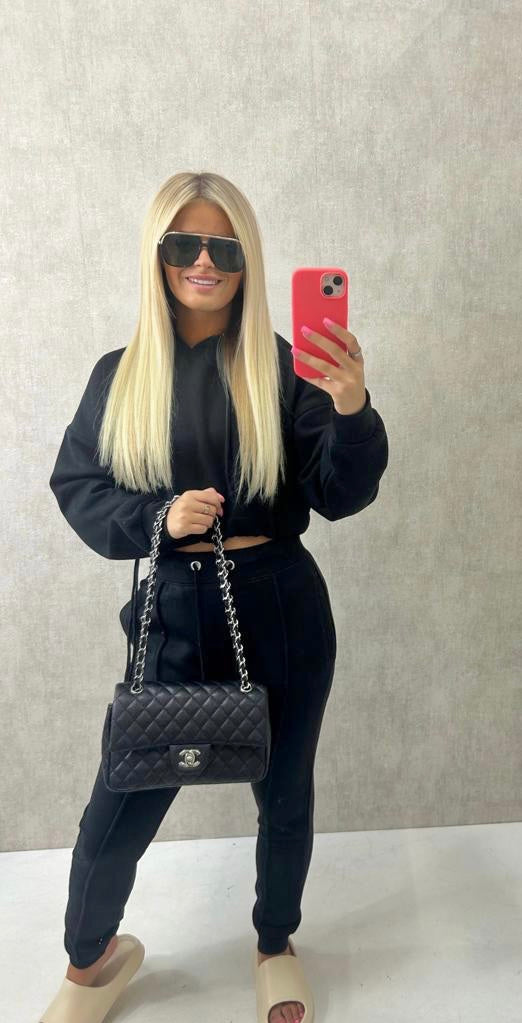 Cropped Hooded Drawstring Tracksuit Black