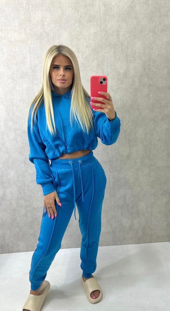 Cropped Hooded Drawstring Tracksuit Bright Blue