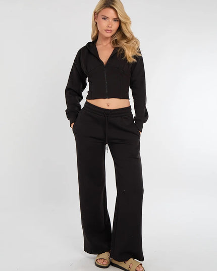 Cropped Zip Up Hood Sweatshirt & Wide Leg Trouser Tracksuit Black