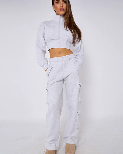 Cropped Zip Up Sweatshirt & Cargo Trouser Tracksuit Ash Grey