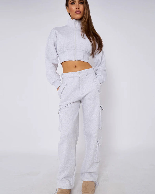 Cropped Zip Up Sweatshirt & Cargo Trouser Tracksuit Ash Grey