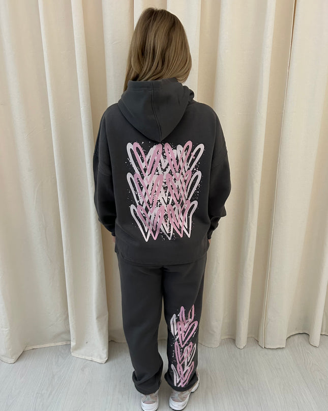 Pink Heart Graffiti Hooded Tracksuit Graffiti Charcoal Grey