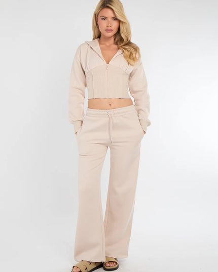Cropped Zip Up Hood Sweatshirt & Wide Leg Trouser Tracksuit Stone