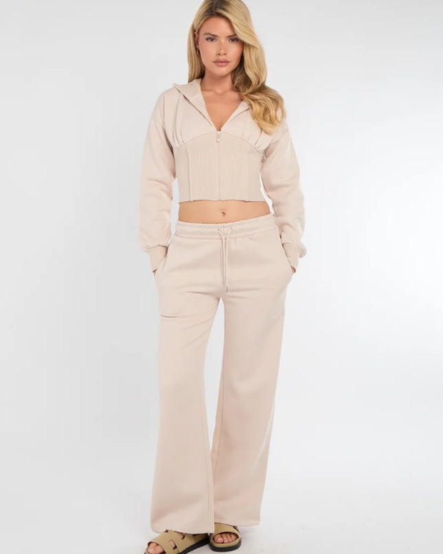 Cropped Zip Up Hood Sweatshirt & Wide Leg Trouser Tracksuit Stone