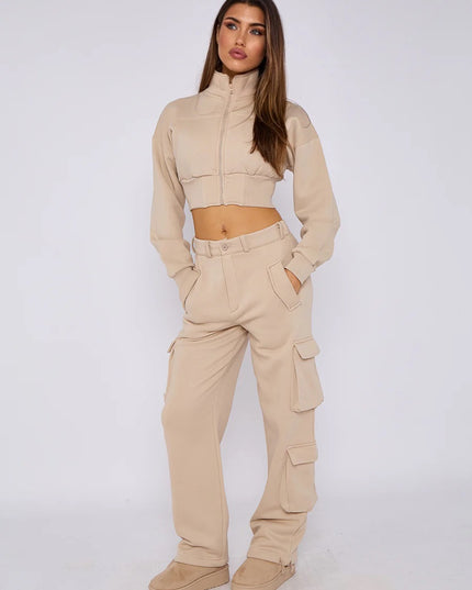 Cropped Zip Up Sweatshirt & Cargo Trouser Tracksuit Beige