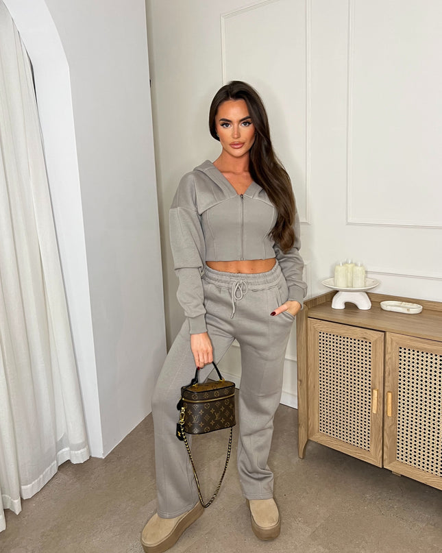 Cropped Zip Up Hood Sweatshirt & Wide Leg Trouser Tracksuit Dove Grey