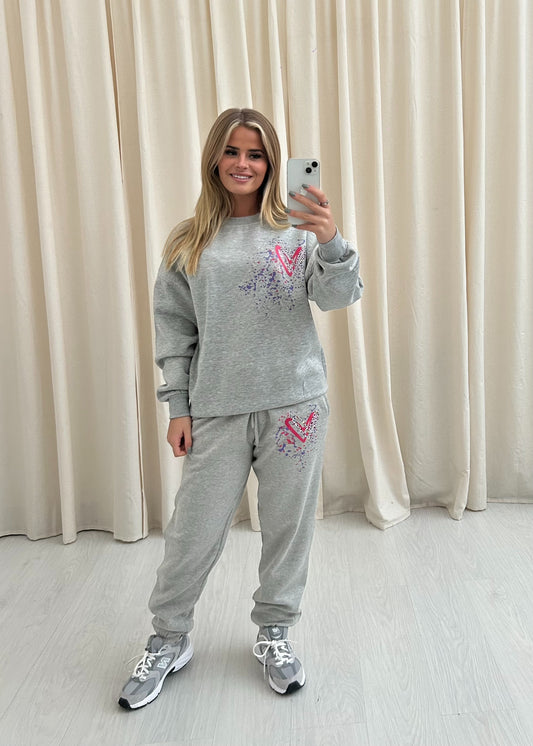 Multicoloured Leopard Print Heart Graffiti Sweatshirt Tracksuit Grey