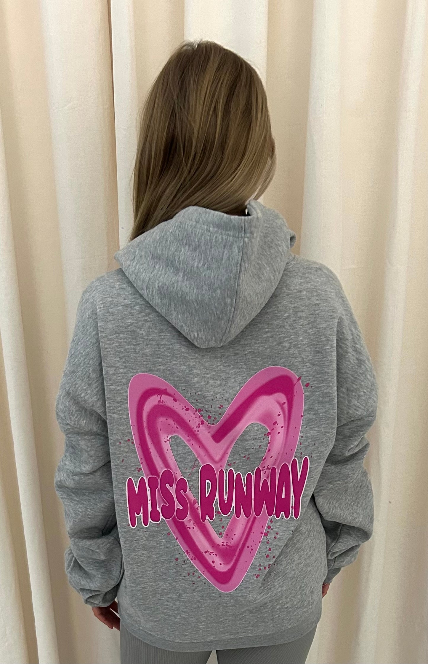 Miss Runway Pink Heart Graffiti Ruched Hoodie Grey