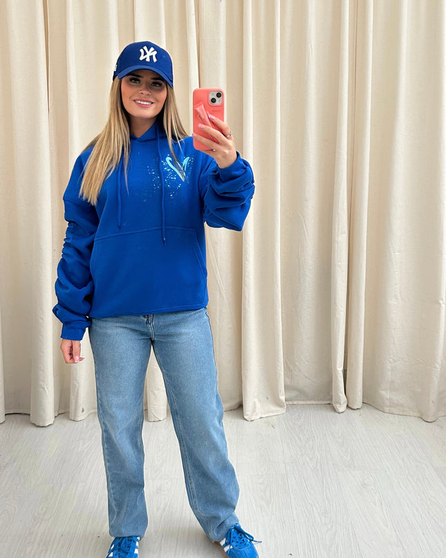 Royal Blue Heart Printed Ruched Hoodie