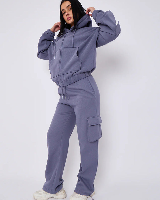 Cargo Style Zip Hooded Tracksuit Denim Blue