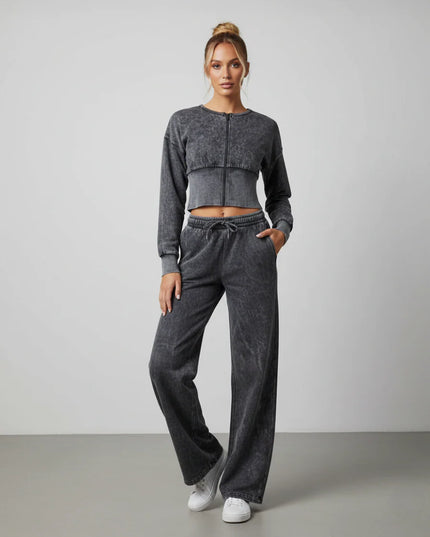 Acid Wash Cropped Zip Up Tracksuit Charcoal
