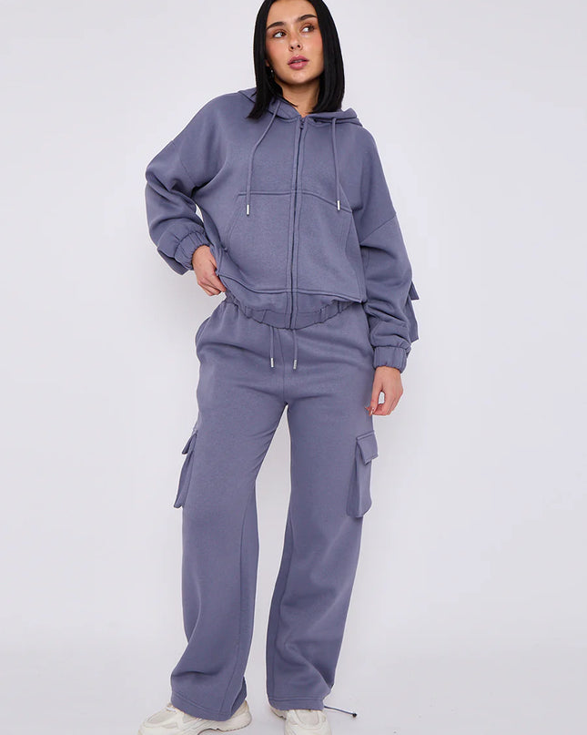 Cargo Style Zip Hooded Tracksuit Denim Blue