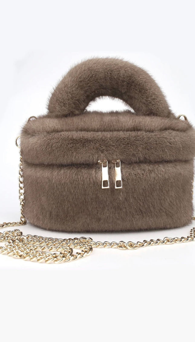 Faux Fur Vanity Bag in Taupe – fluffy makeup bag by Miss Runway