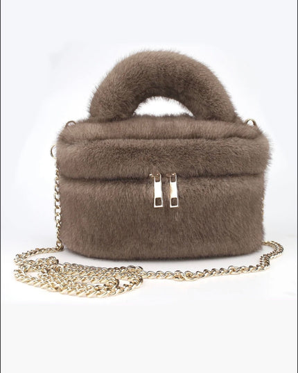 Faux Fur Vanity Bag in Taupe – fluffy makeup bag by Miss Runway