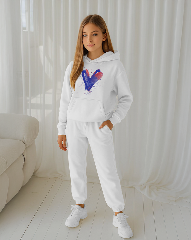 Blue/Red Scattered Hearts Printed Hooded Tracksuit Kids