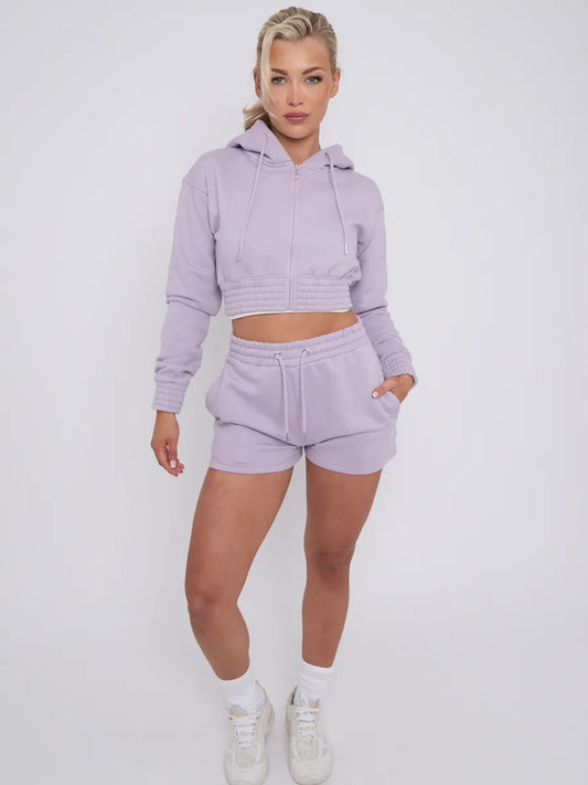Cropped Zip Up Hoodie & Shorts Fleece Co-ord Lilac