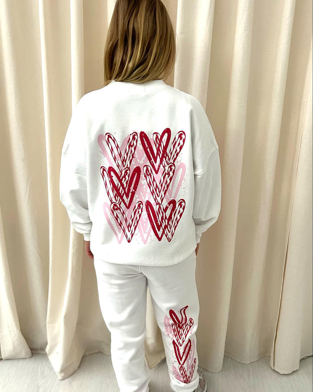 Pink & Red Candy Cane Heart Graffiti Hooded Sweatshirt Tracksuit White