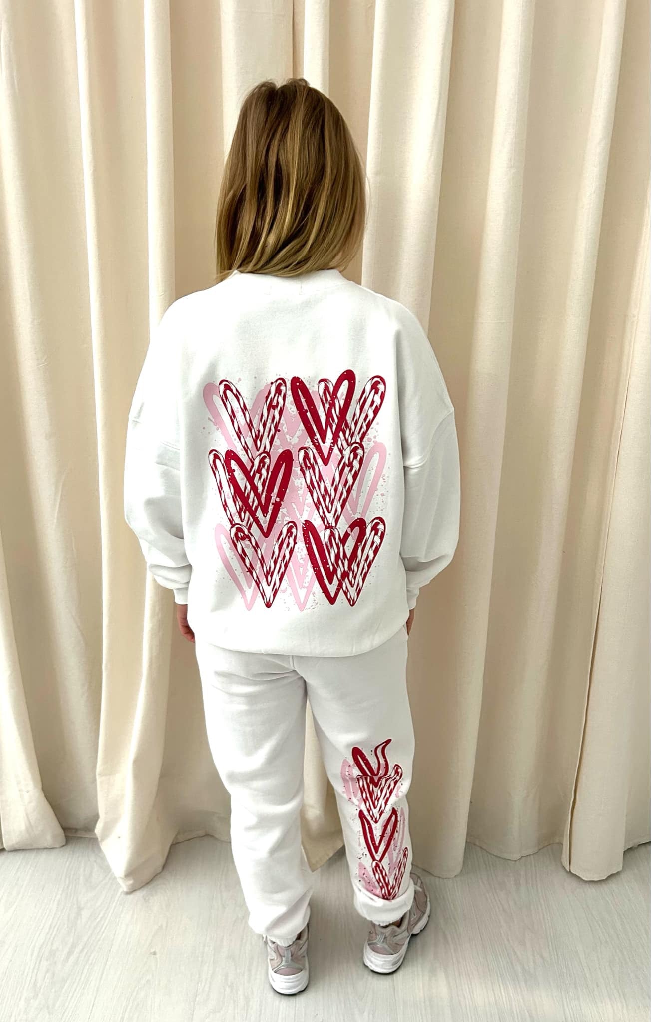 Pink & Red Candy Cane Heart Graffiti Hooded Sweatshirt Tracksuit White