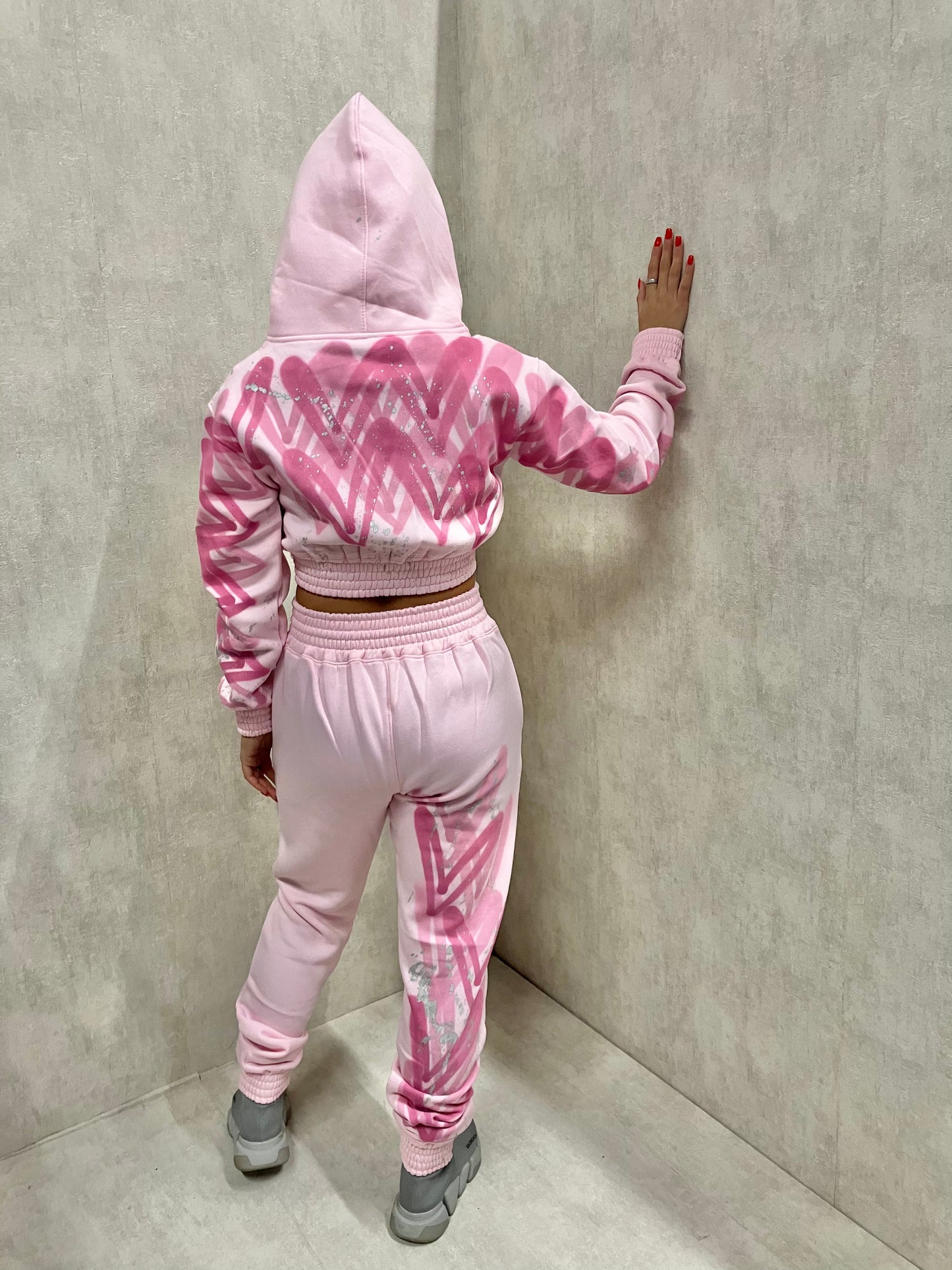 Pink Heart Cropped Zip Hooded Tracksuit