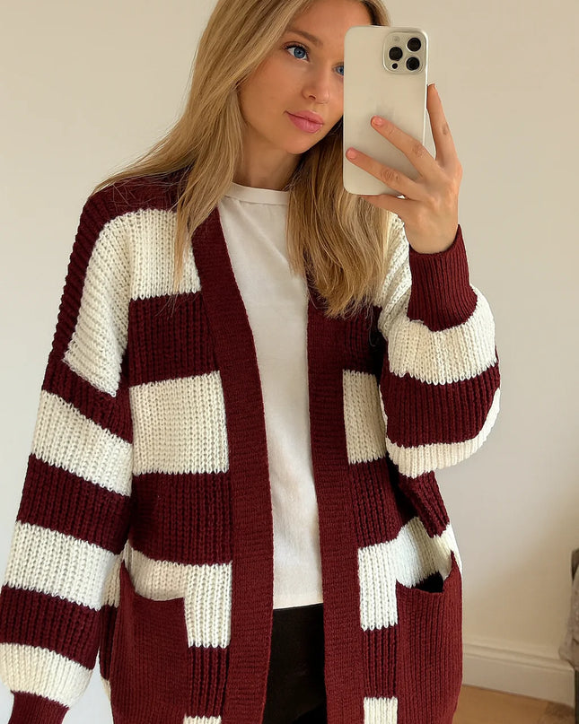Knitted Striped Cardigan Burgundy