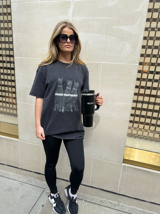 Miss Runway Doberman Graphic T-shirt Black Acid Wash