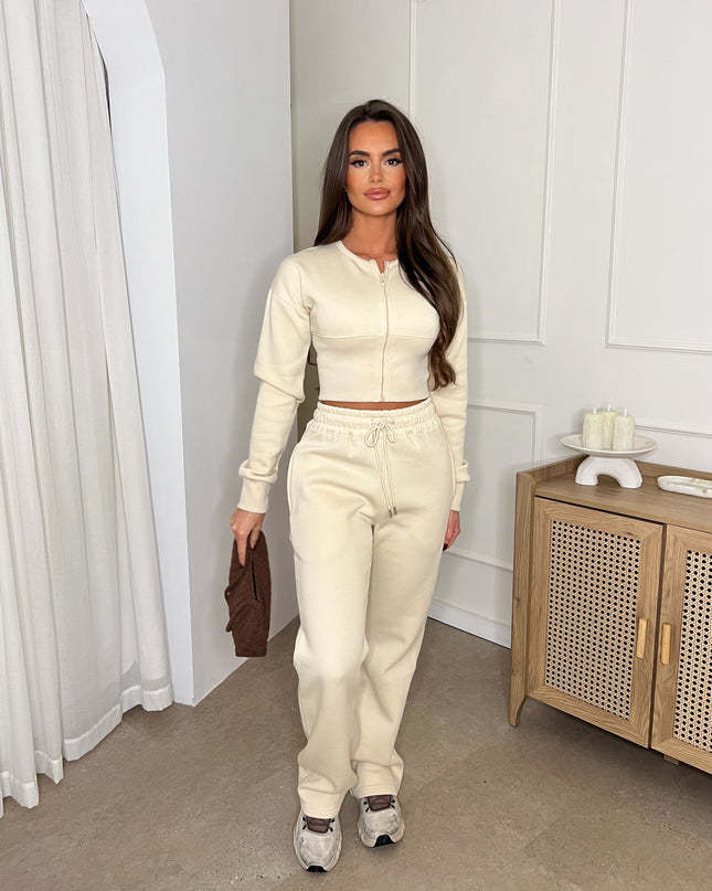 Cropped Zip Up Sweatshirt & Wide Leg Trouser Tracksuit Cream