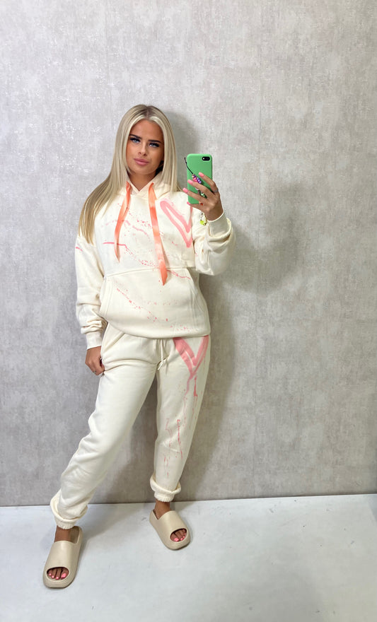Coral/Pink Heart Sprayed Cream Ribbon Hooded Tracksuit