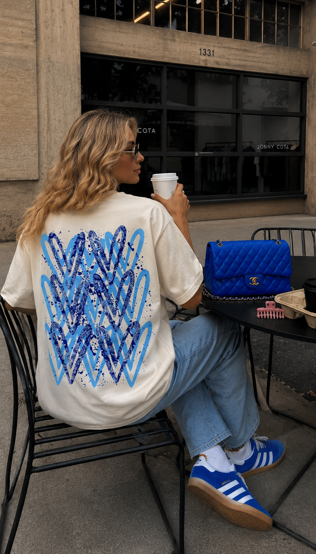 Royal Blue Paisley graffiti heart T-shirt with spray paint effect print – women's T-shirt by Miss Runway
