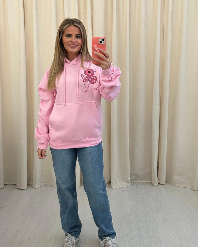 Pink Evil Eye, Peace, Heart Printed Ruched Hoodie