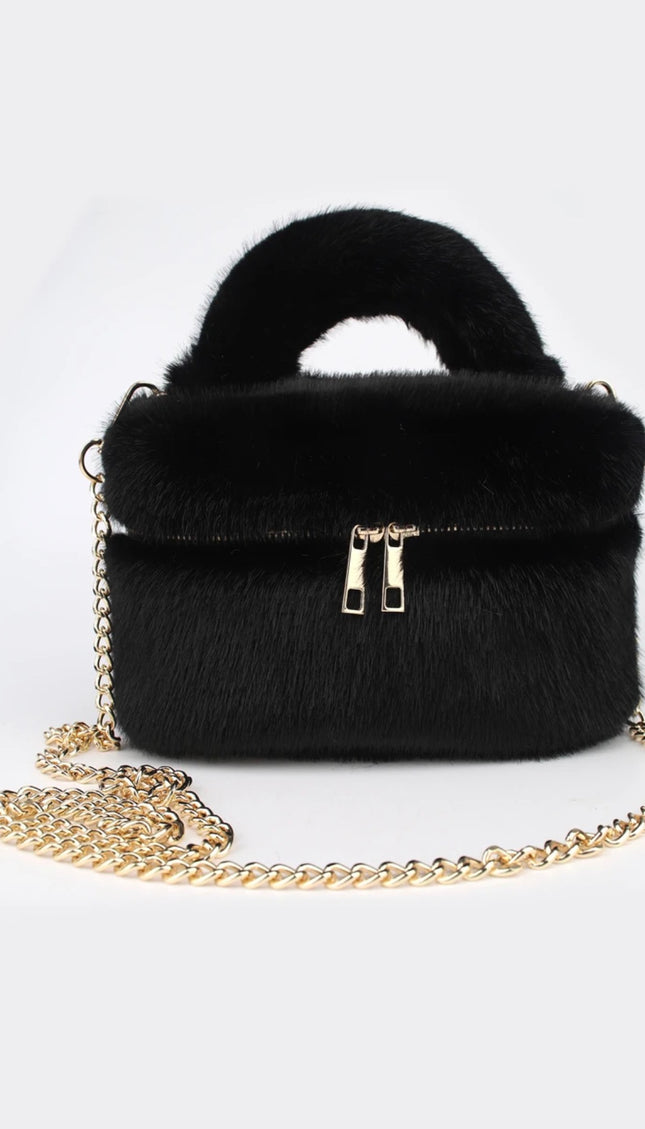 Faux Fur Vanity Bag in Black – fluffy makeup bag by Miss Runway