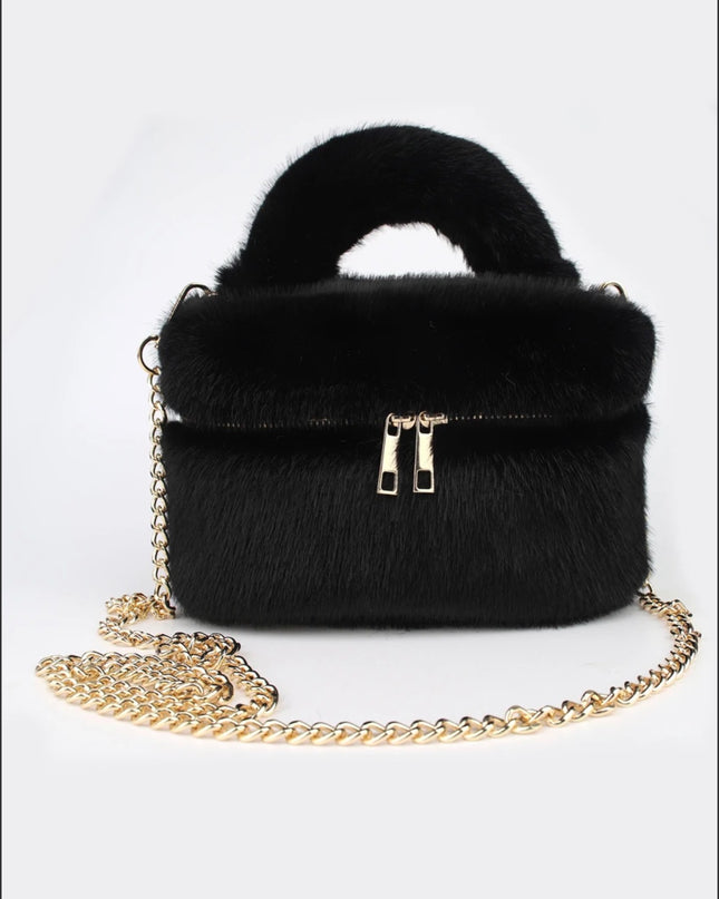 Faux Fur Vanity Bag in Black – fluffy makeup bag by Miss Runway