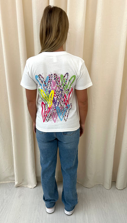 Multicoloured Leopard Heart Graffiti T shirt White