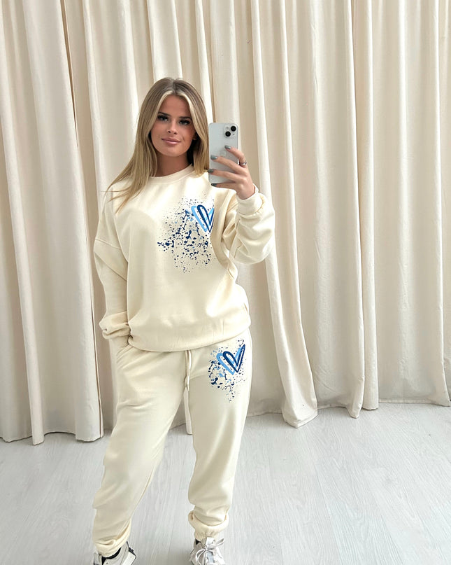 Royal Blue Heart Graffiti Sweatshirt Tracksuit Cream