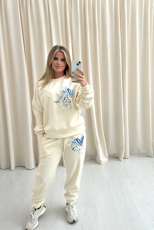 Royal Blue Heart Graffiti Sweatshirt Tracksuit Cream