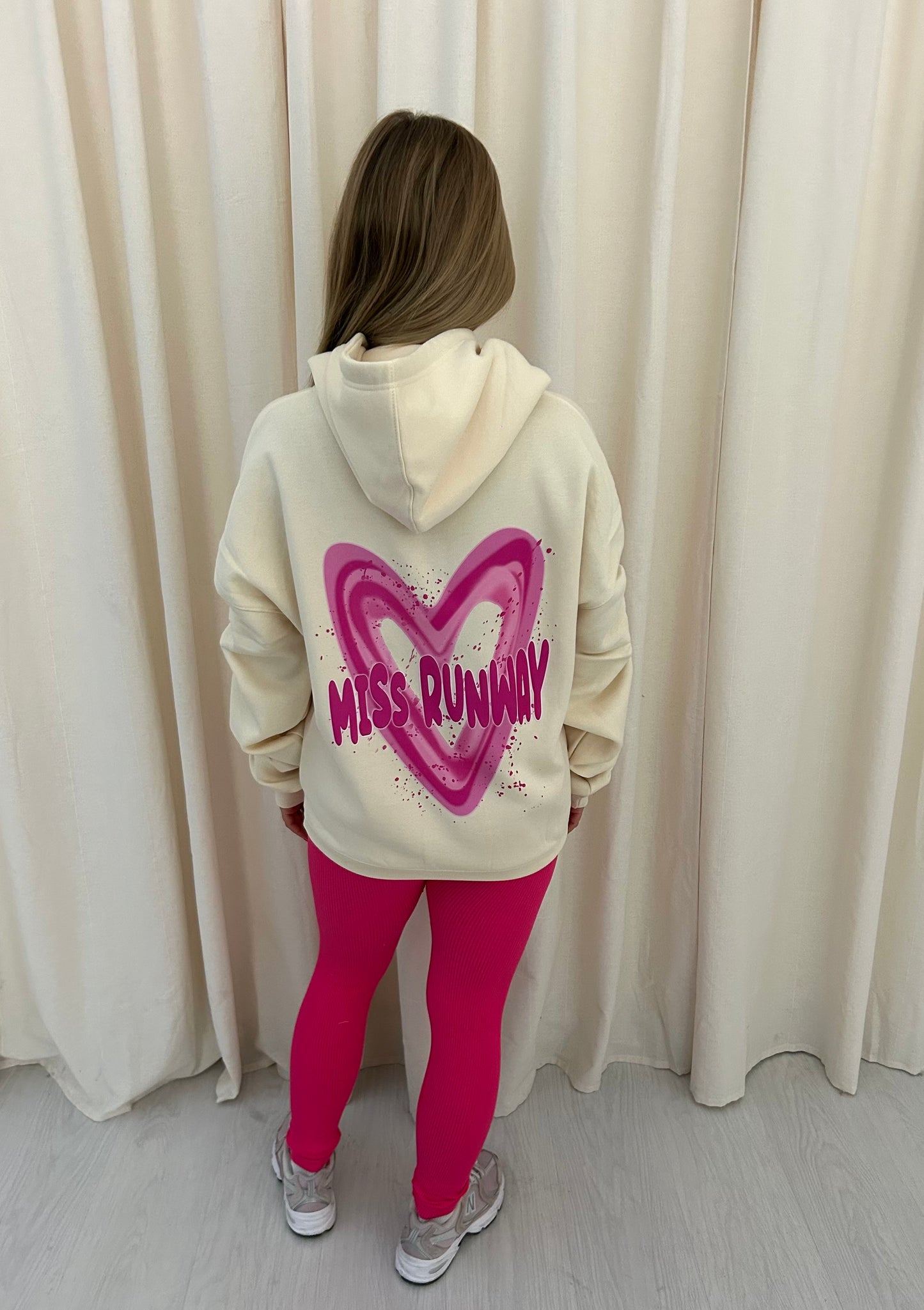 Miss Runway Pink Heart Graffiti Ruched Hoodie And Legging Set Cream