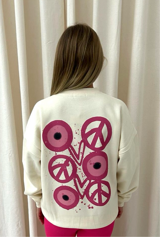 Pink Evil Eye, Peace, Heart Graffiti Sweatshirt Cream