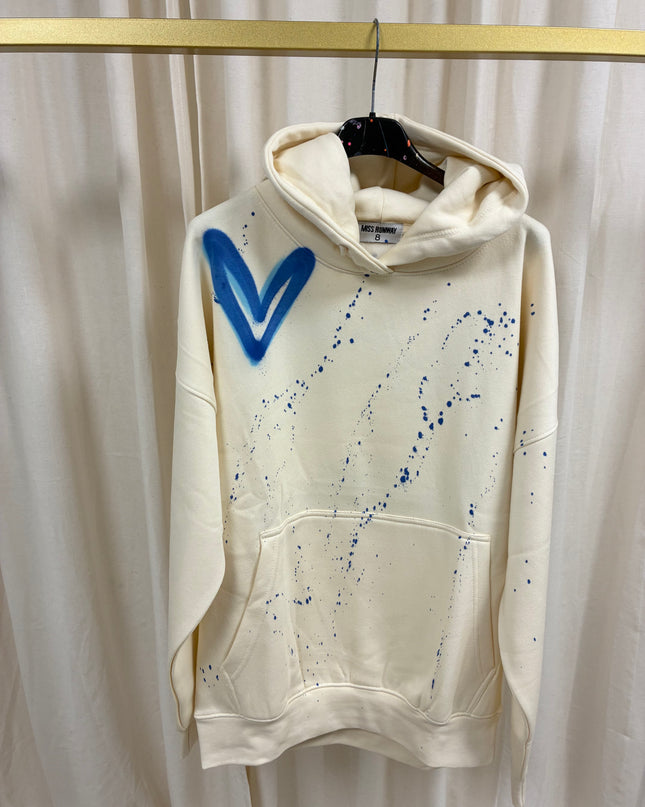 Royal Blue Heart Spray Painted Cream Hoodie Adults