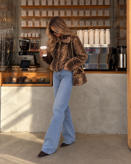 Deer Print Faux Fur Zip Jacket Brown – women's jacket by Miss Runway