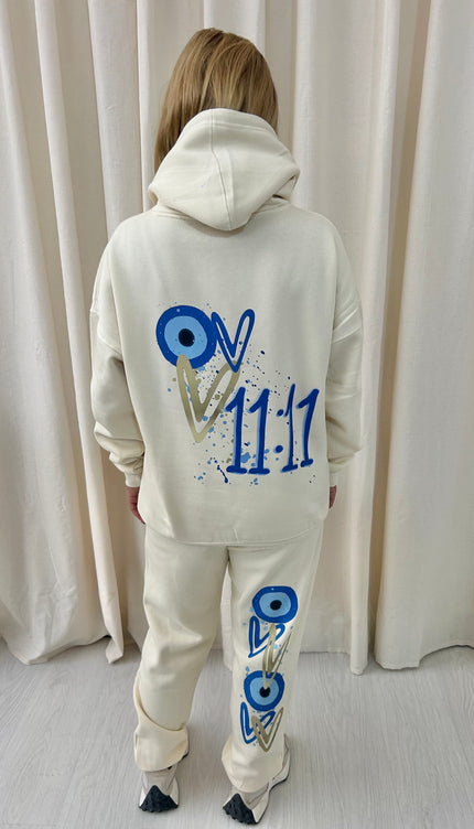 11:11 Gold Heart Graffiti Hooded Tracksuit Cream