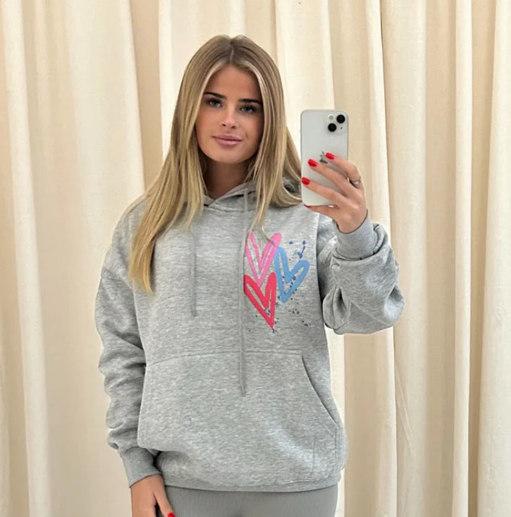 Miss Runway Multicolour Heart Graffiti Hoodie Grey