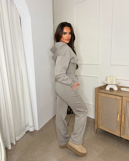 Cropped Zip Up Hood Sweatshirt & Wide Leg Trouser Tracksuit Dove Grey