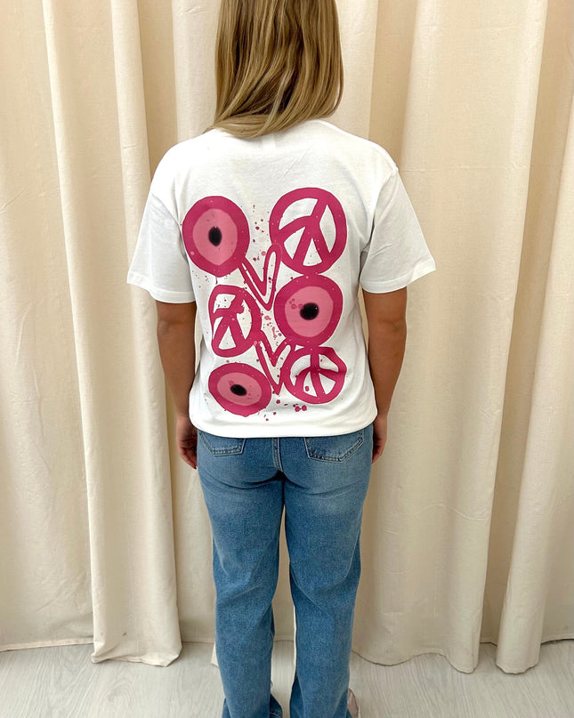 Pink Evil Eye, Peace, Heart Printed T-shirt Adult
