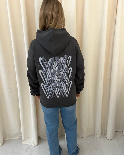 Grey Heart Printed Ruched Hoodie