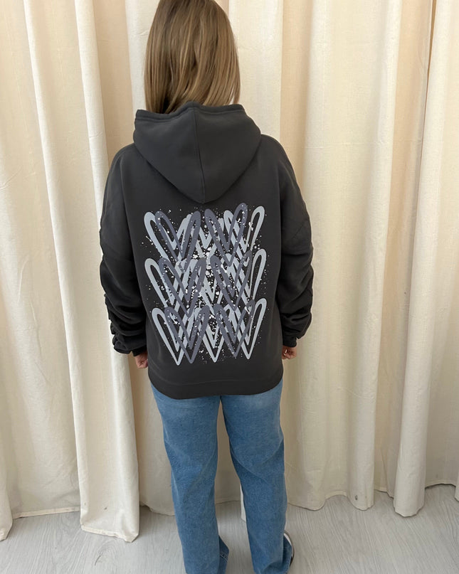 Grey Heart Printed Ruched Hoodie