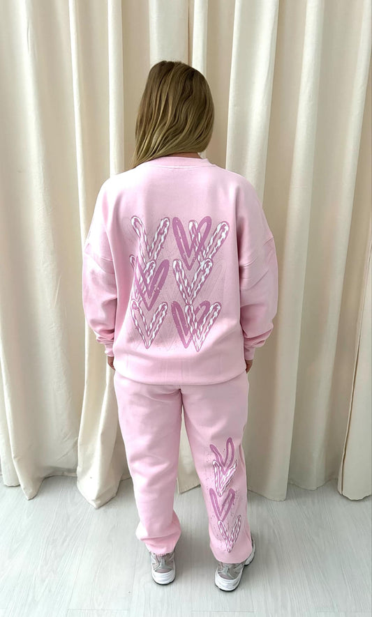 Baby Pink Candy Cane Heart Graffiti Hooded Sweatshirt Tracksuit Pink