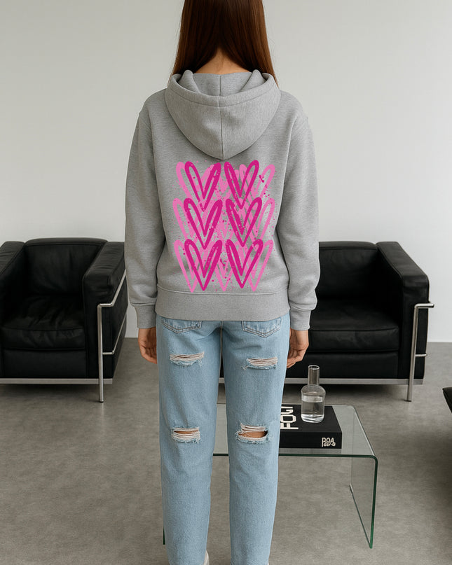 Hot Pink Heart Printed Hoodie