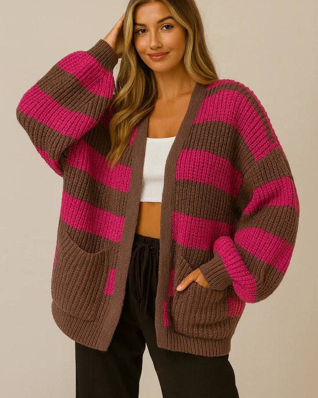 Knitted Striped Cardigan Pink/Brown