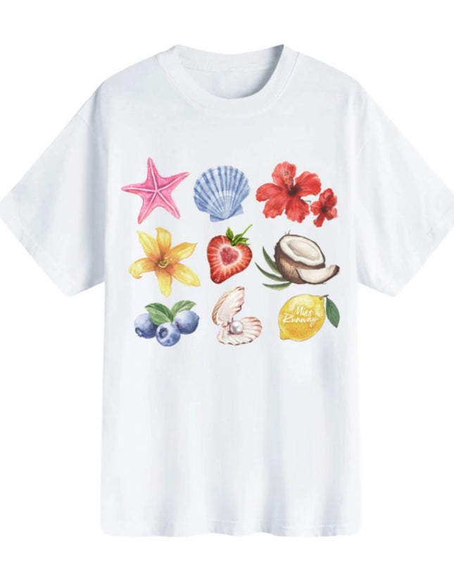 Seashells And Flowers Printed T-shirt Adult